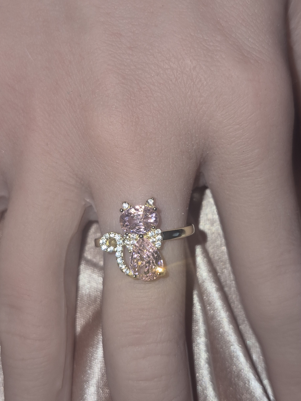 Elegant Gold Plated Adjustable Pink Crystal Cat Ring - Women Jewelry